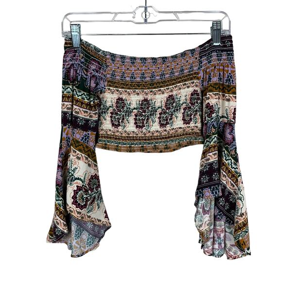 Love Tree Crop Top Smocked Off Shoulder Bell Sleeves Boho Festival Junior's S - Picture 1 of 8